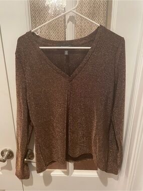 White House Black Market Metallic Bronze V-Neck Long Sleeve Top